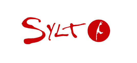 Ein rotes Logo mit dem Wort Sylt darauf.